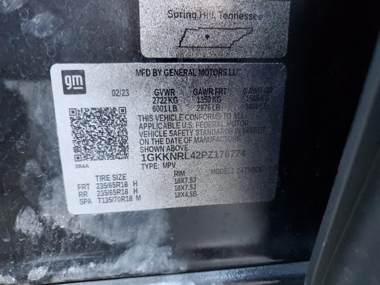 2023 GMC ACADIA SLE VIN:1GKKNRL42PZ178774