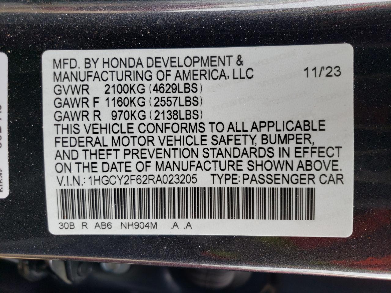 2024 HONDA ACCORD HYBRID EXL VIN:1HGCY2F62RA023205