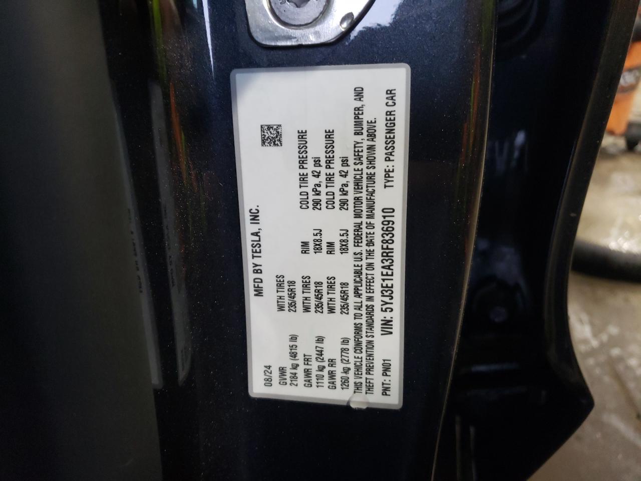 2024 TESLA MODEL 3  VIN:5YJ3E1EA3RF836910