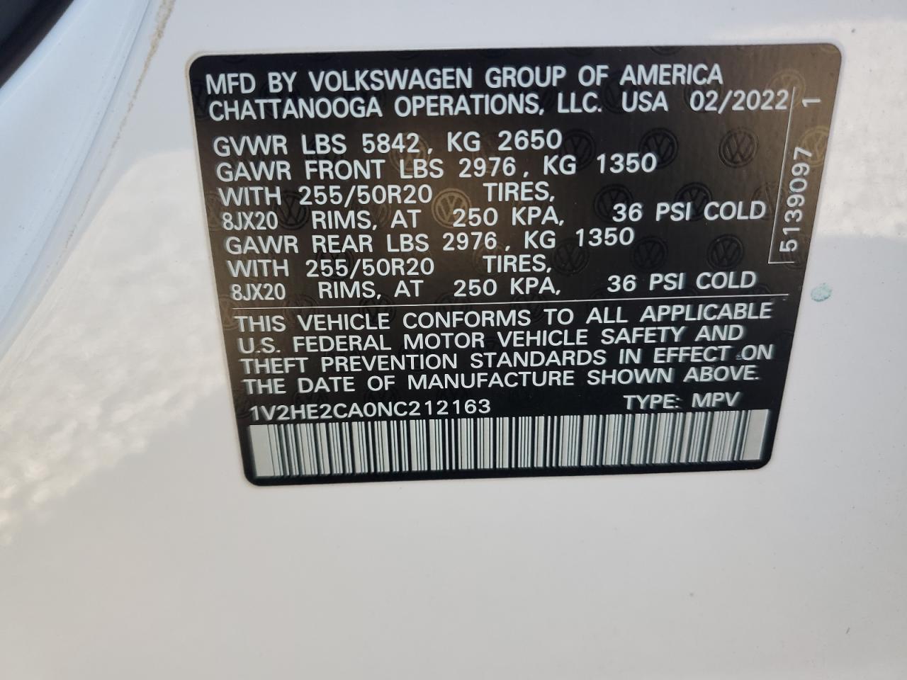 2022 VOLKSWAGEN ATLAS CROSS SPORT SE VIN:1V2HE2CA0NC212163