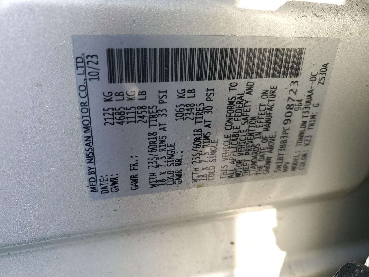 2023 NISSAN ROGUE SV VIN:5N1BT3BB3PC908723