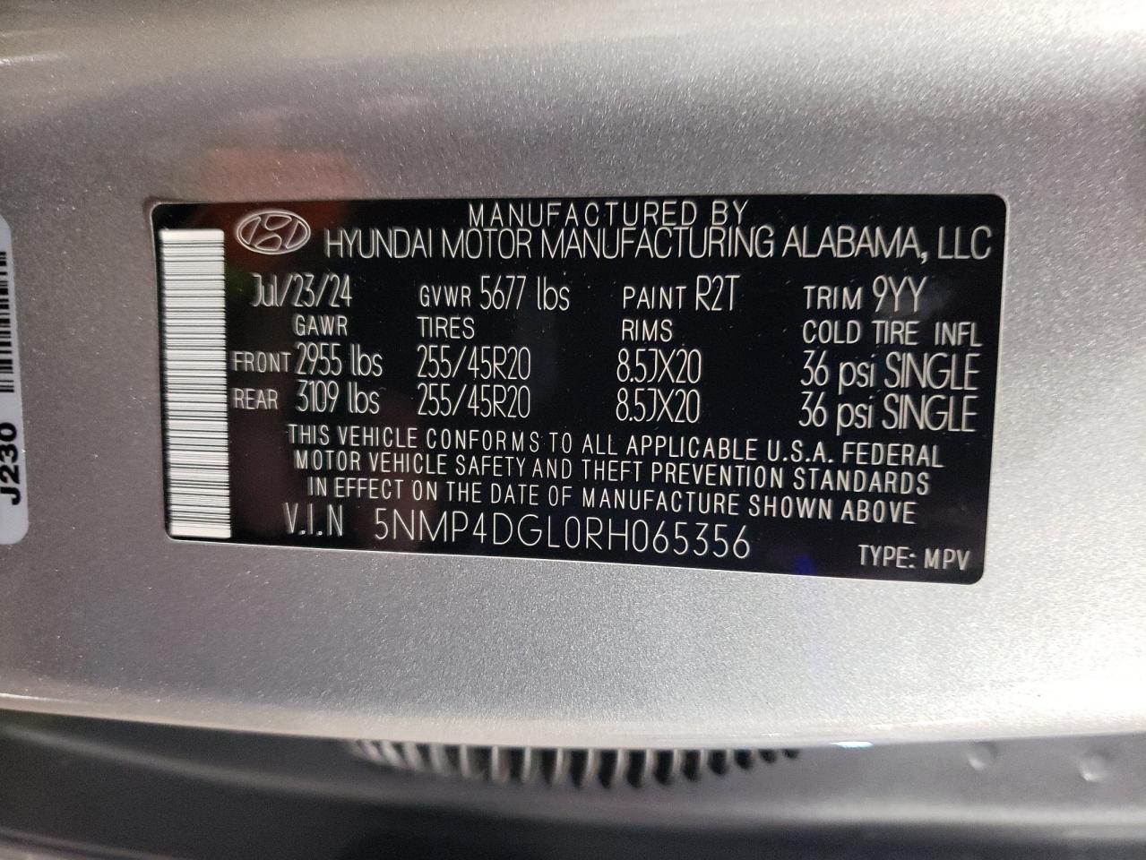 2024 HYUNDAI SANTA FE LIMITED VIN:5NMP4DGL0RH065356