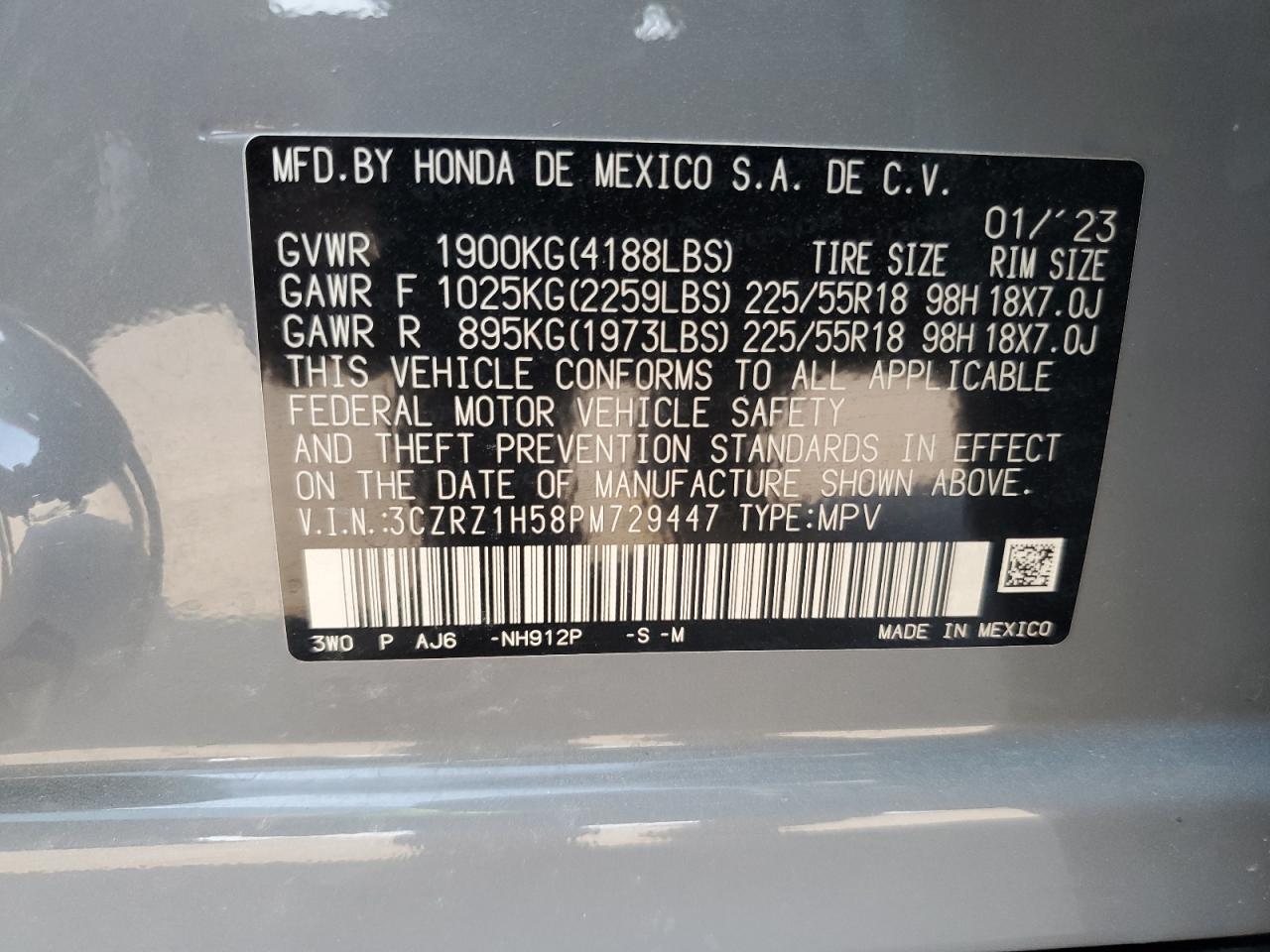 2023 HONDA HR-V SPORT VIN:3CZRZ1H58PM729447