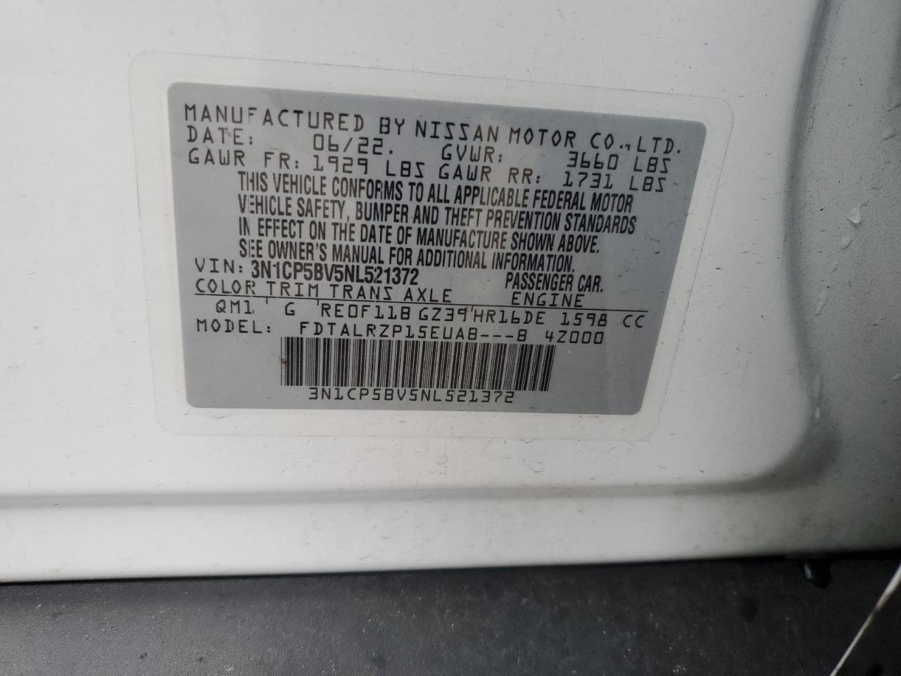 2022 NISSAN KICKS S VIN:3N1CP5BV5NL521372