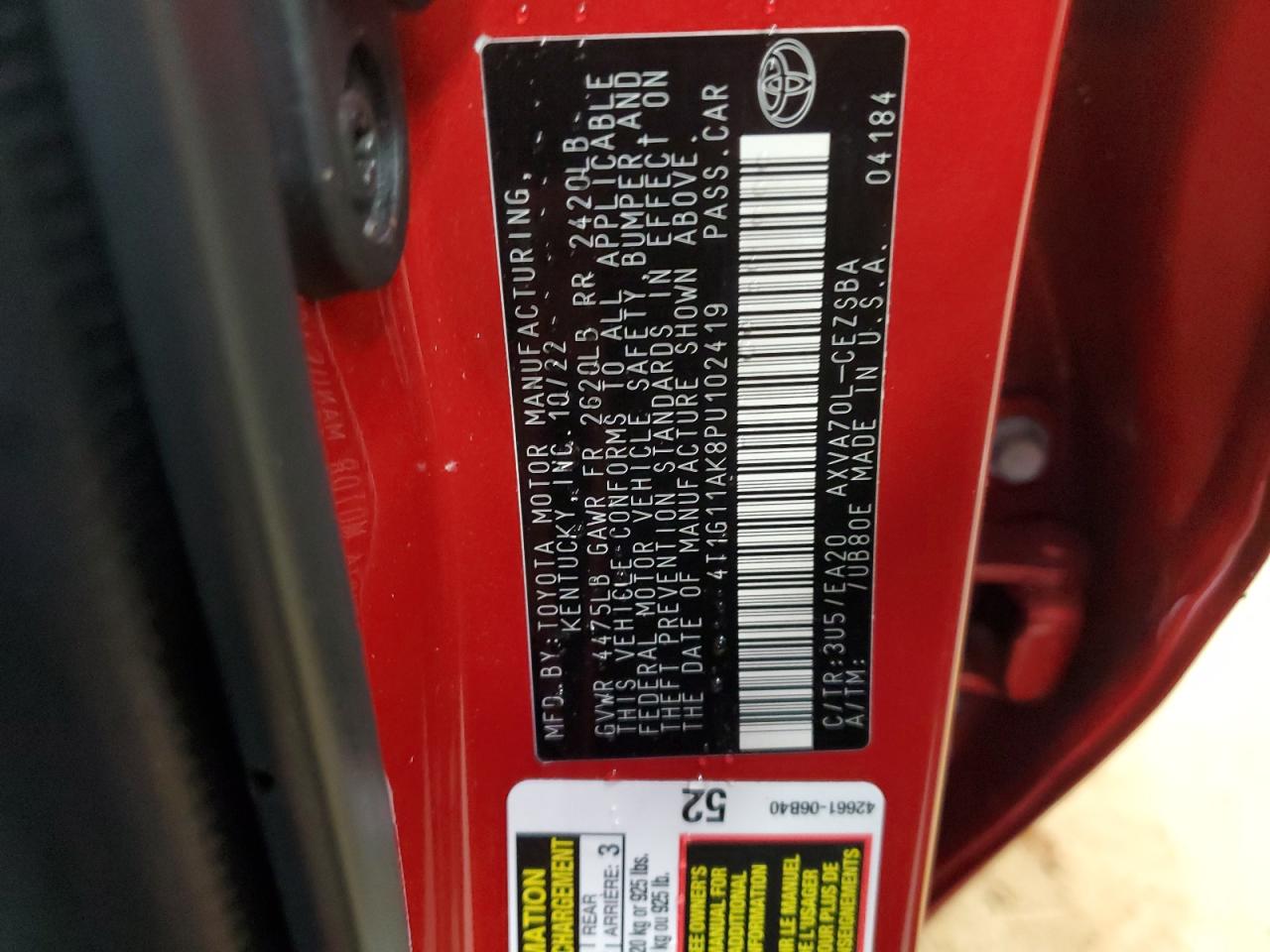 2023 TOYOTA CAMRY SE NIGHT SHADE VIN:4T1G11AK8PU102419