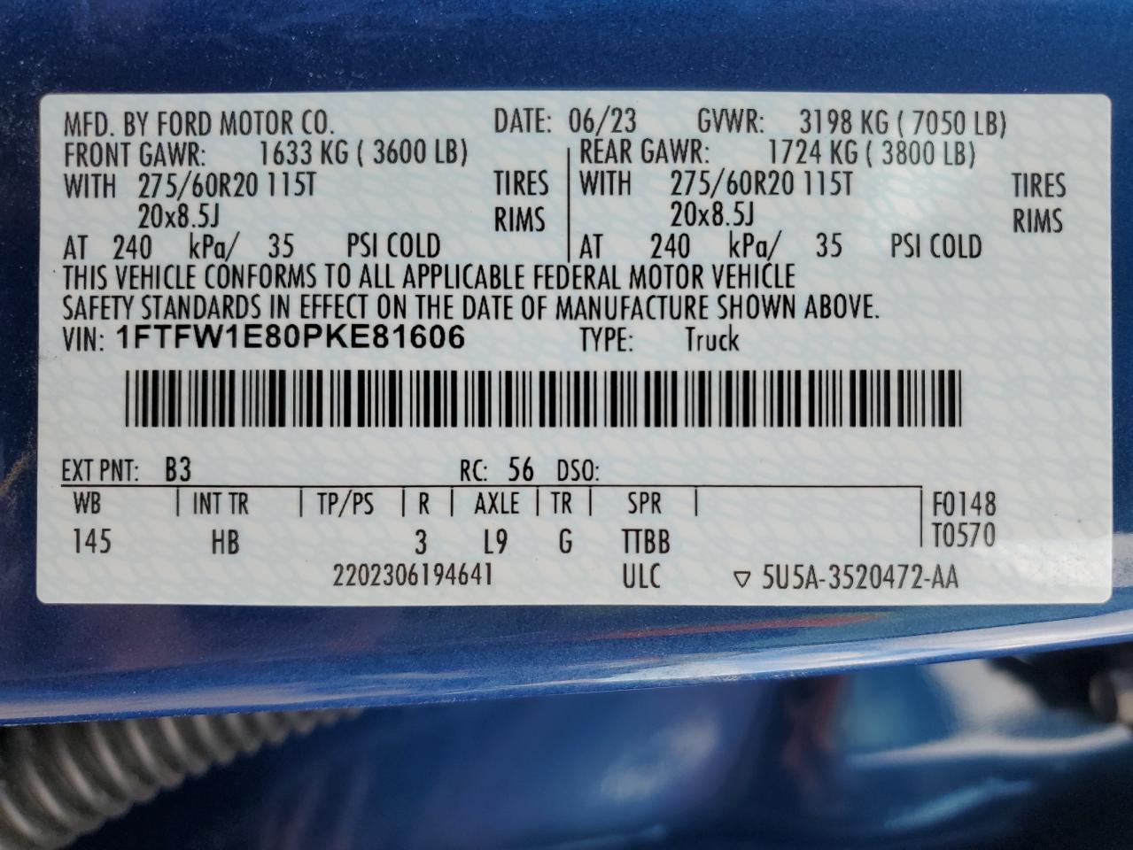 2023 FORD F150 SUPERCREW VIN:1FTFW1E80PKE81606