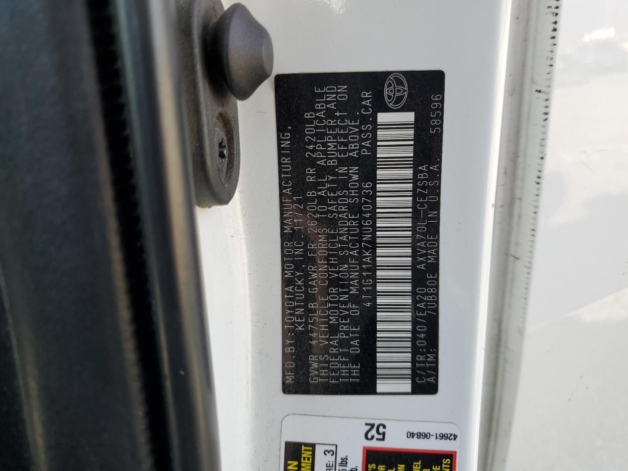 2022 TOYOTA CAMRY SE VIN:4T1G11AK7NU640736