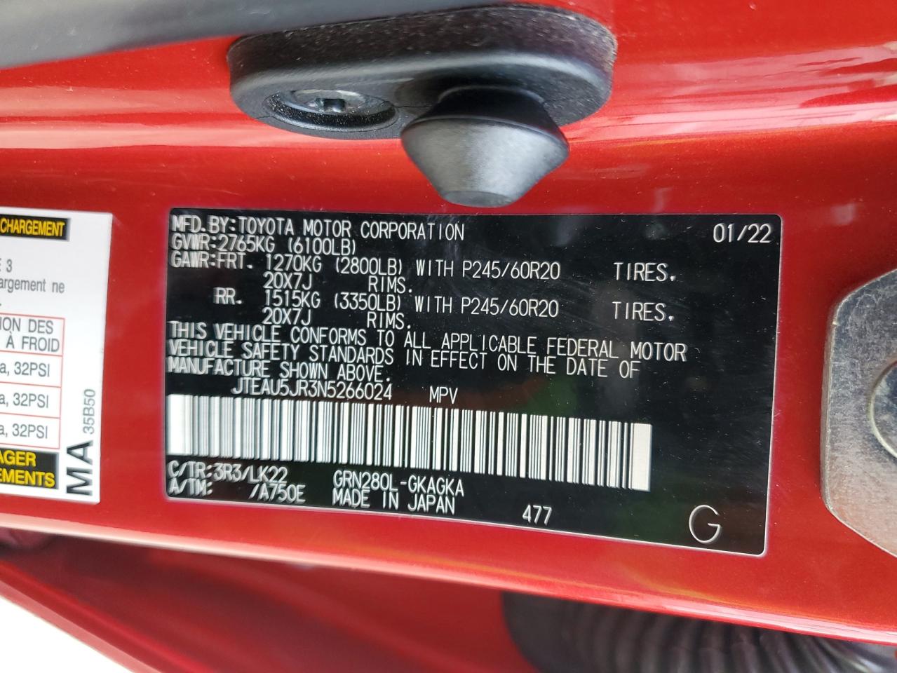 2022 TOYOTA 4RUNNER TRD SPORT VIN:JTEAU5JR3N5266024