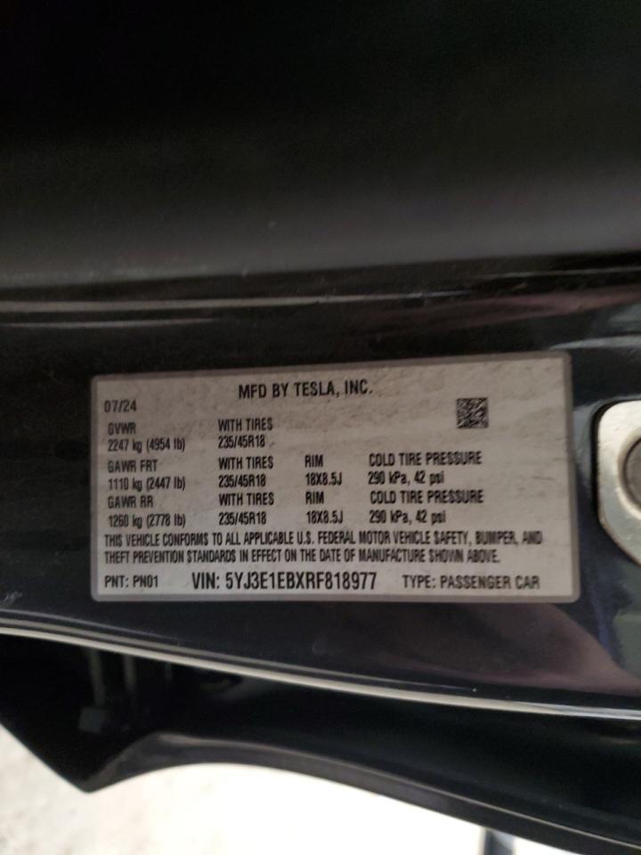 2024 TESLA MODEL 3  VIN:5YJ3E1EBXRF818977