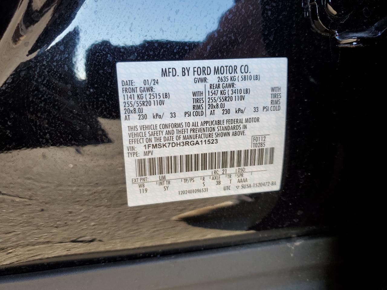 2024 FORD EXPLORER XLT VIN:1FMSK7DH3RGA11523
