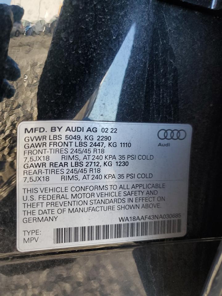 2022 AUDI A4 ALLROAD PREMIUM PLUS VIN:WA18AAF43NA030685