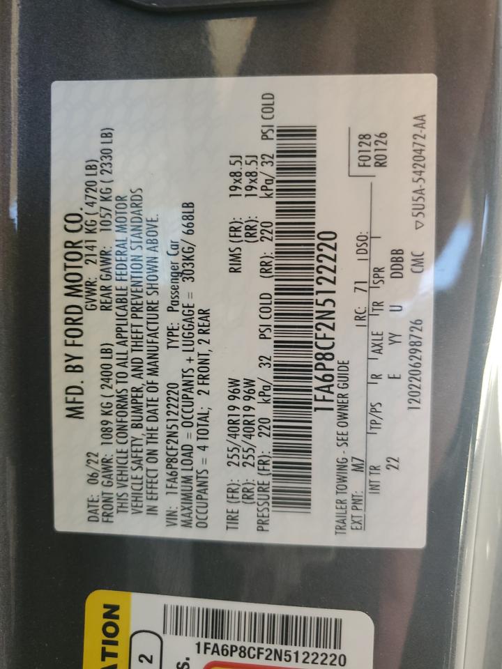 2022 FORD MUSTANG GT VIN:1FA6P8CF2N5122220