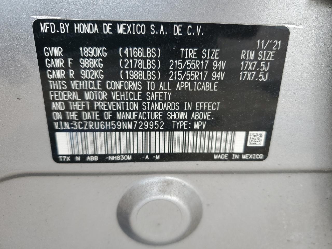 2022 HONDA HR-V EX VIN:3CZRU6H59NM729952