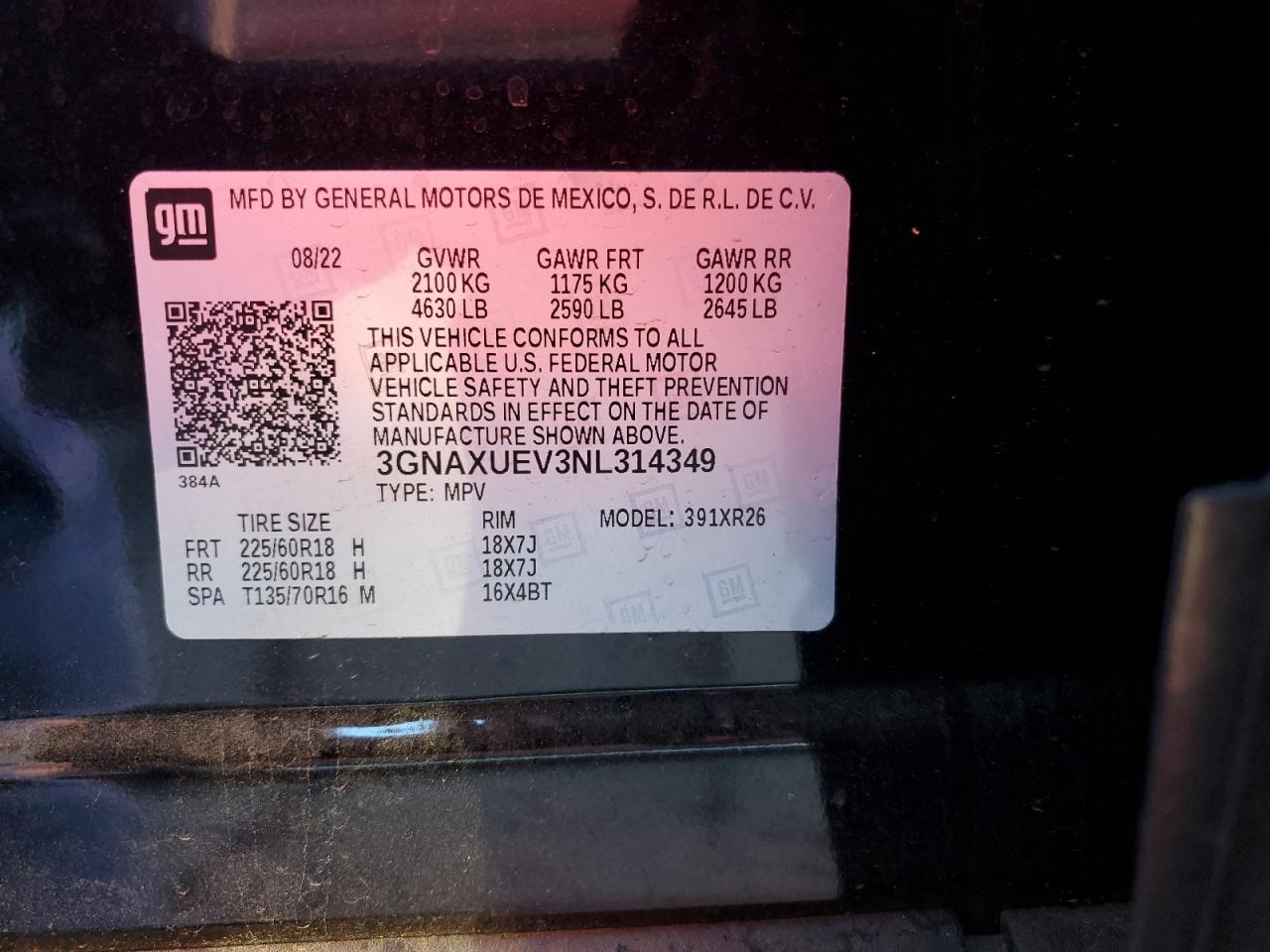 2022 CHEVROLET EQUINOX LT VIN:3GNAXUEV3NL314349