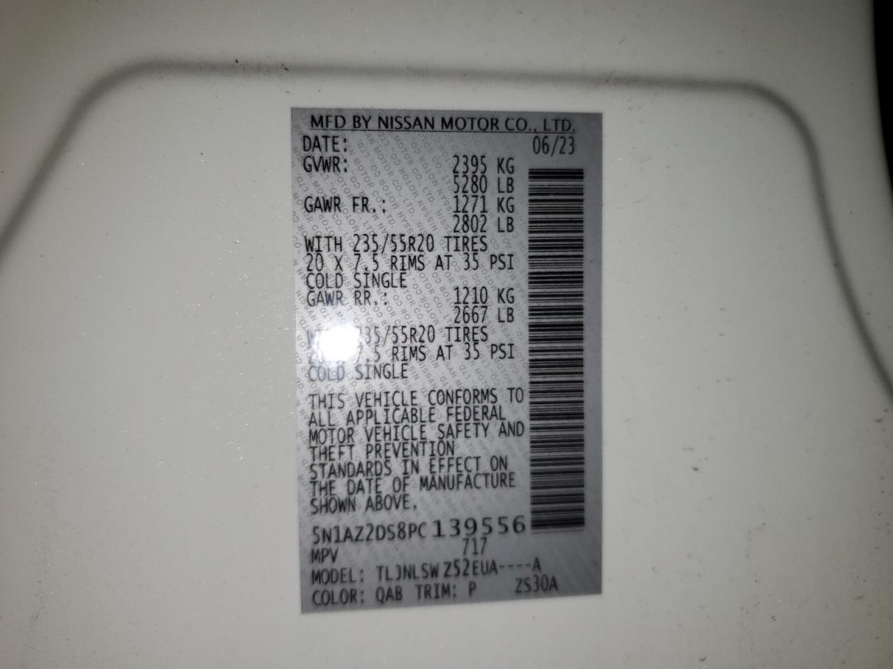 2023 NISSAN MURANO PLATINUM VIN:5N1AZ2DS8PC139556