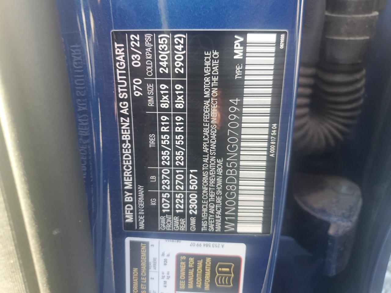 2022 MERCEDES-BENZ GLC 300 VIN:W1N0G8DB5NG070994