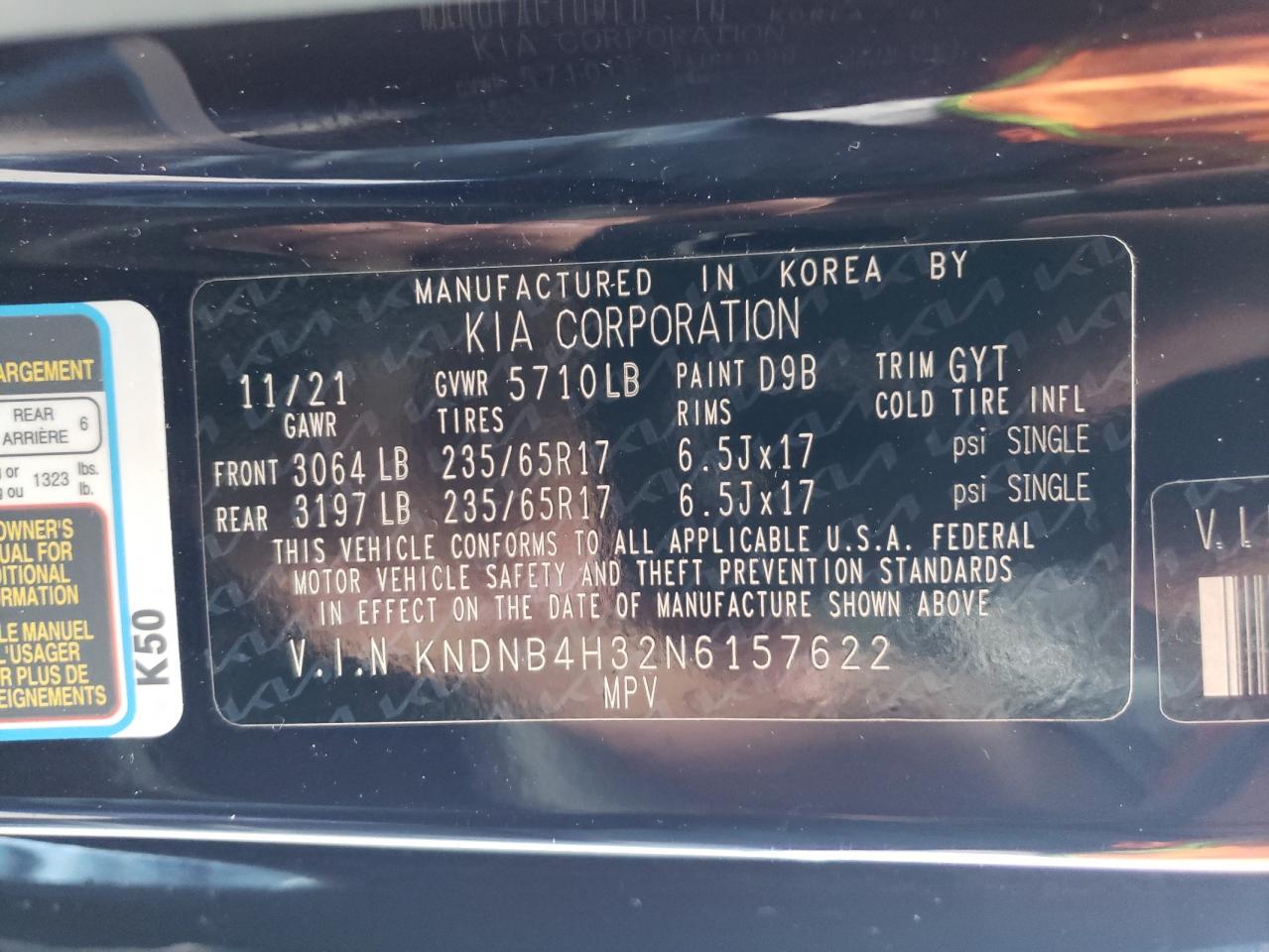 2022 KIA CARNIVAL LX VIN:KNDNB4H32N6157622