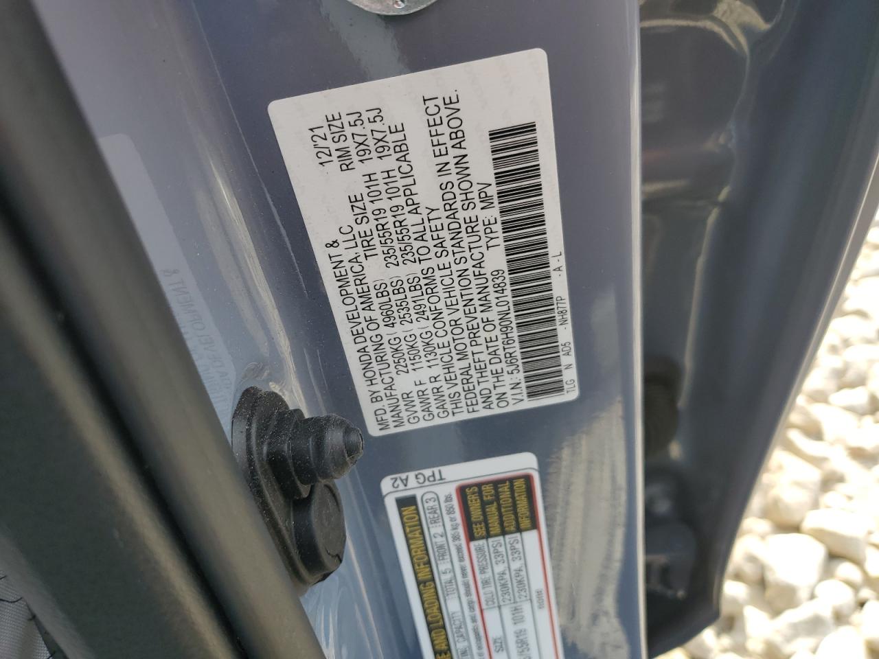 2022 HONDA CR-V TOURING VIN:5J6RT6H90NL014839