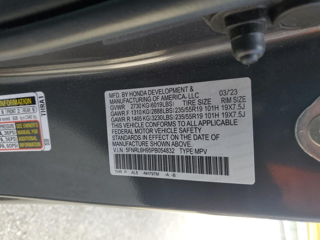 2023 HONDA ODYSSEY ELITE VIN:5FNRL6H95PB054832
