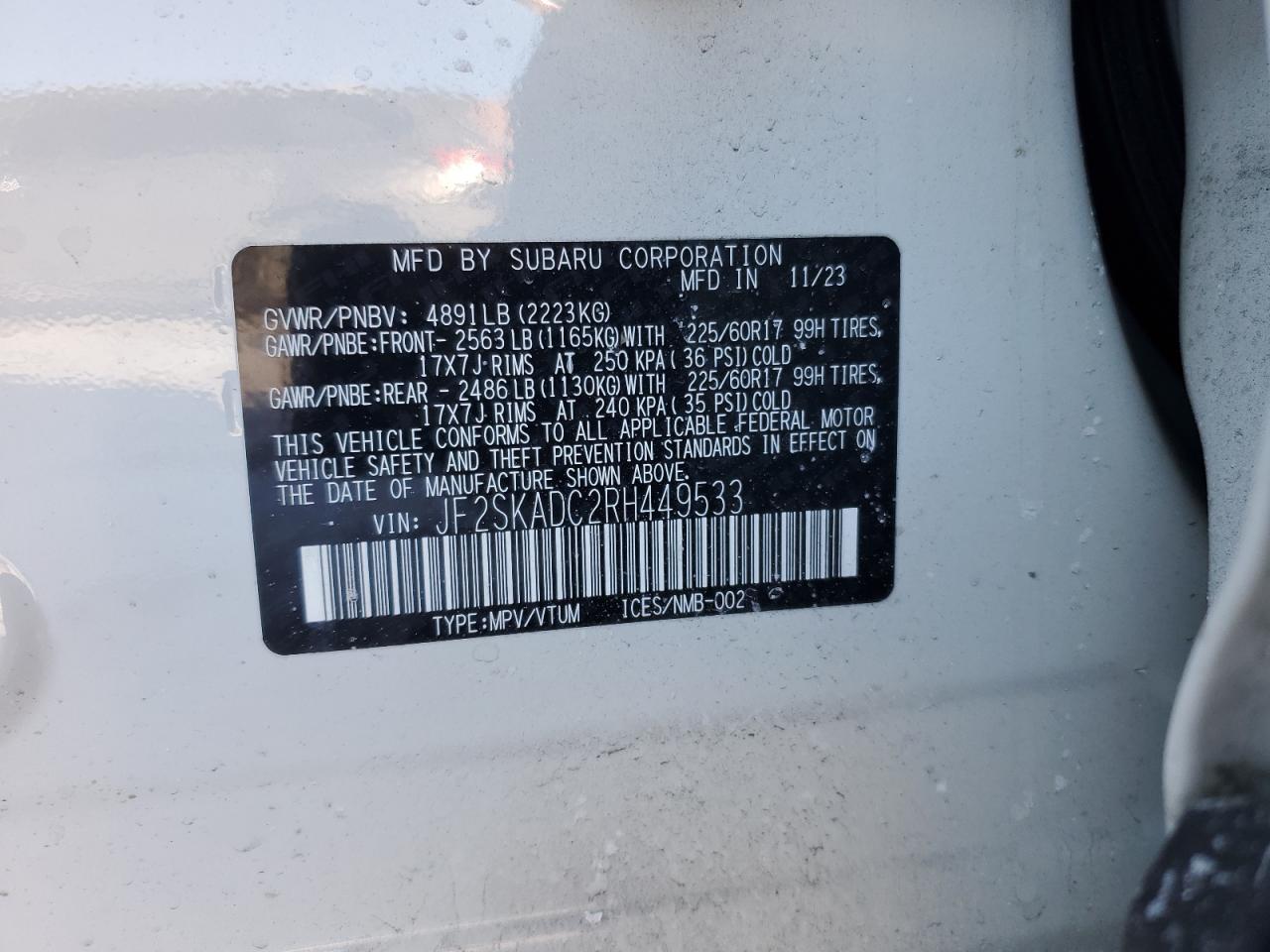 2024 SUBARU FORESTER PREMIUM VIN:JF2SKADC2RH449533