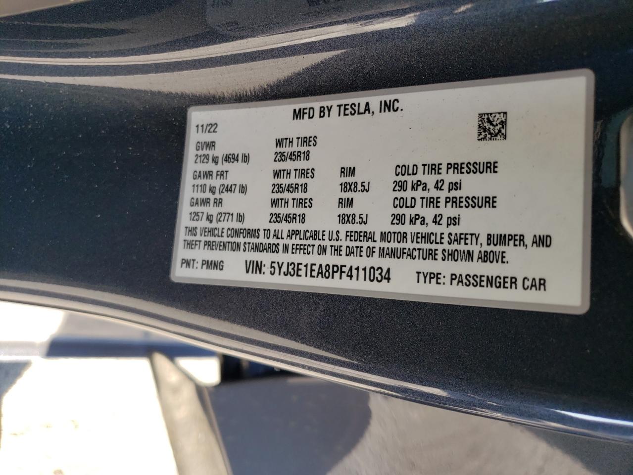 2023 TESLA MODEL 3  VIN:5YJ3E1EA8PF411034