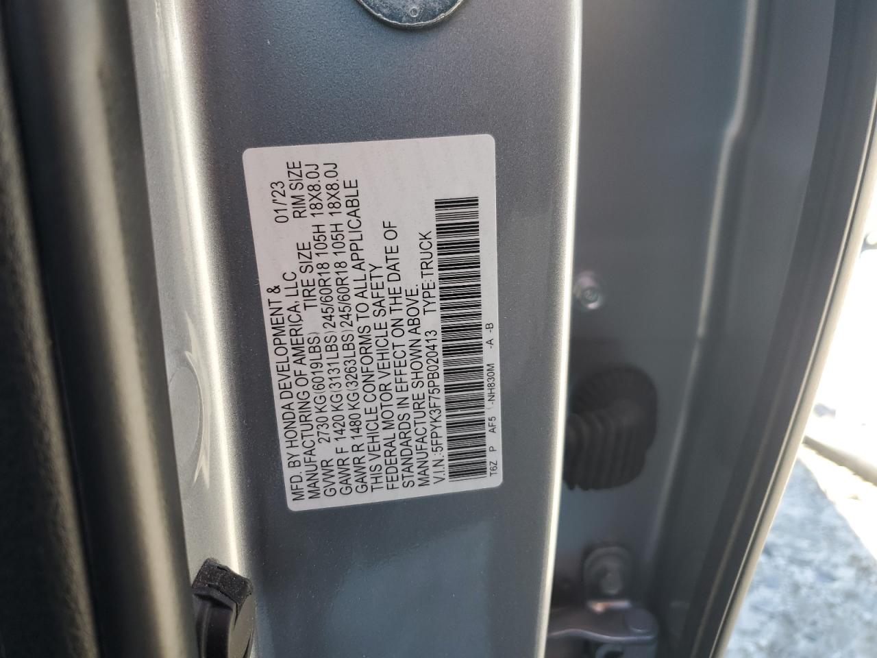 2023 HONDA RIDGELINE RTL-E VIN:5FPYK3F75PB020413