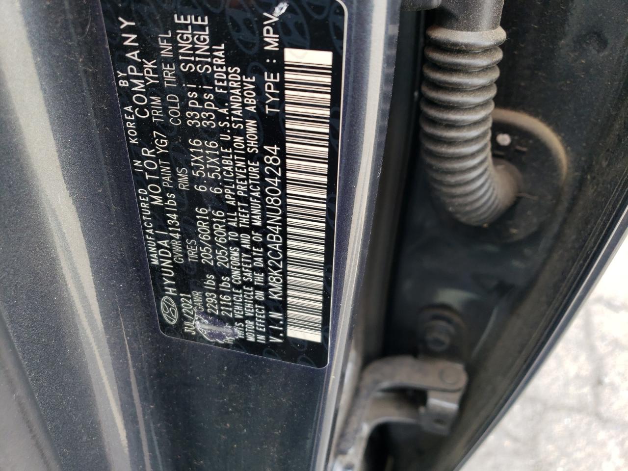 2022 HYUNDAI KONA SEL VIN:KM8K2CAB4NU804284