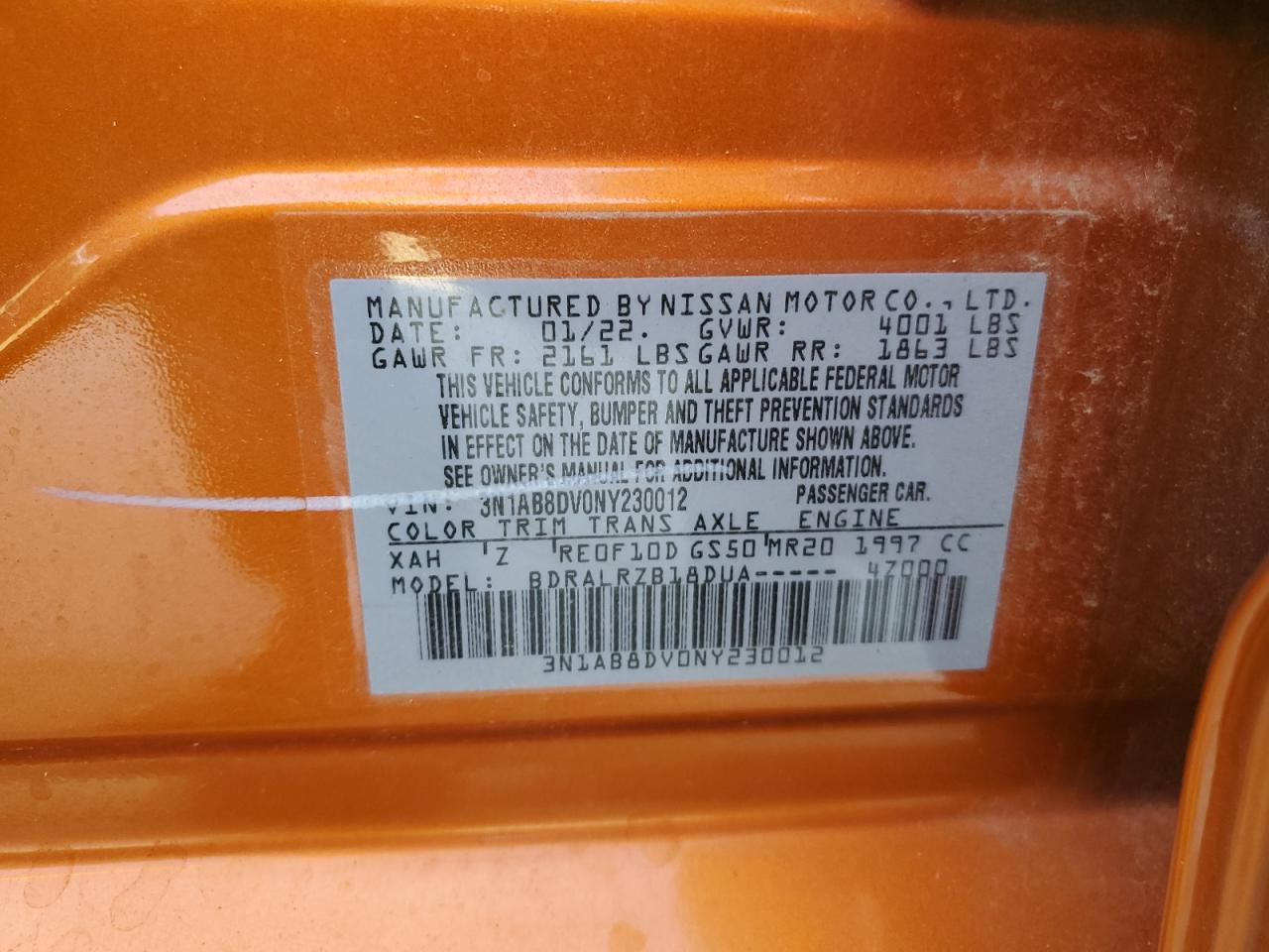 2022 NISSAN SENTRA SR VIN:3N1AB8DV0NY230012
