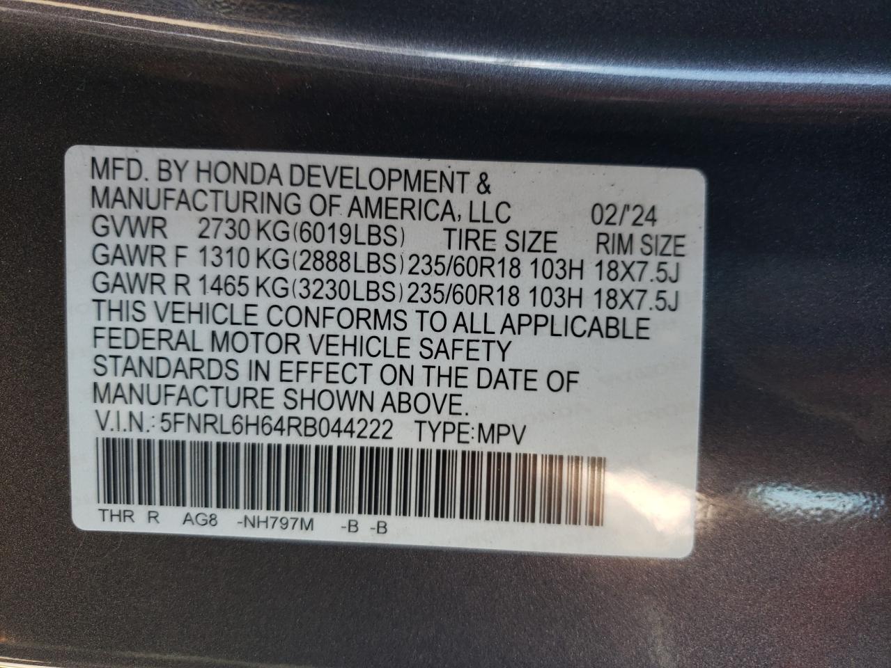 2024 HONDA ODYSSEY EXL VIN:5FNRL6H64RB044222