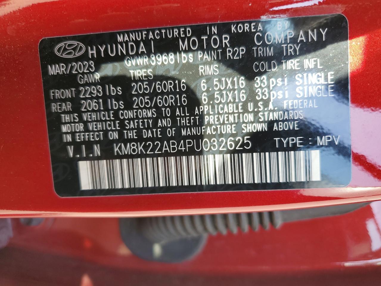 2023 HYUNDAI KONA SE VIN:KM8K22AB4PU032625