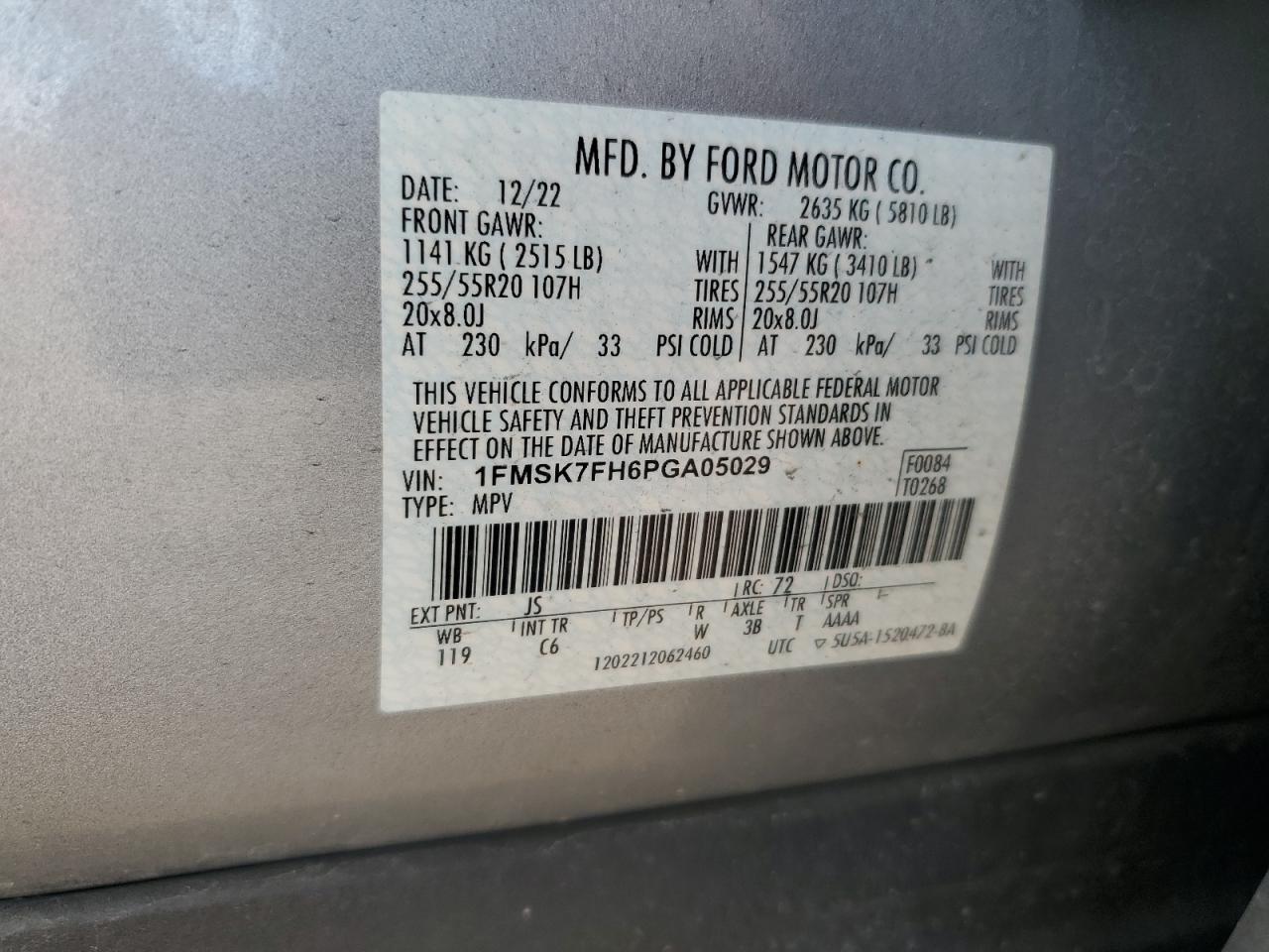 2023 FORD EXPLORER LIMITED VIN:1FMSK7FH6PGA05029