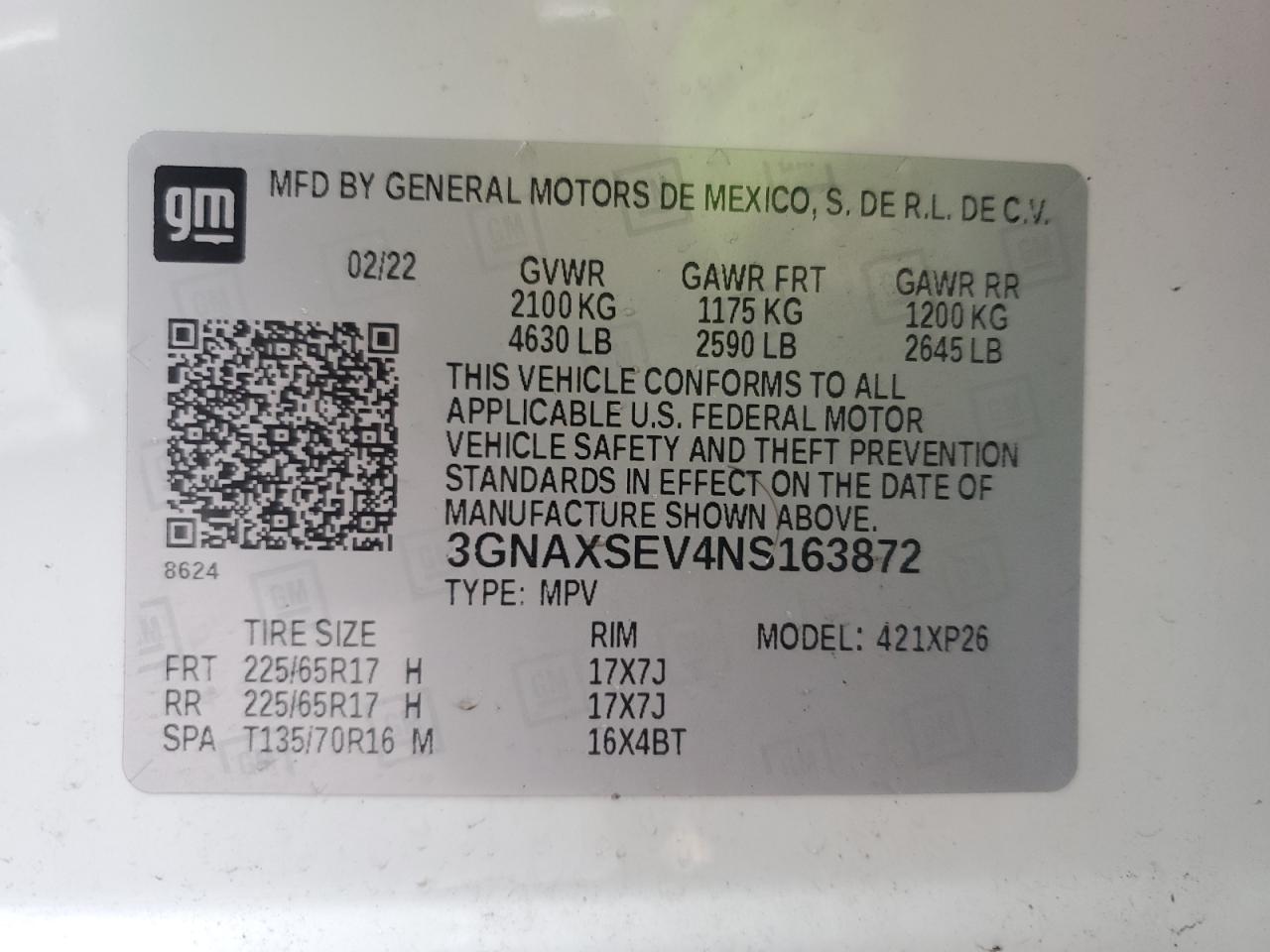 2022 CHEVROLET EQUINOX LS VIN:3GNAXSEV4NS163872