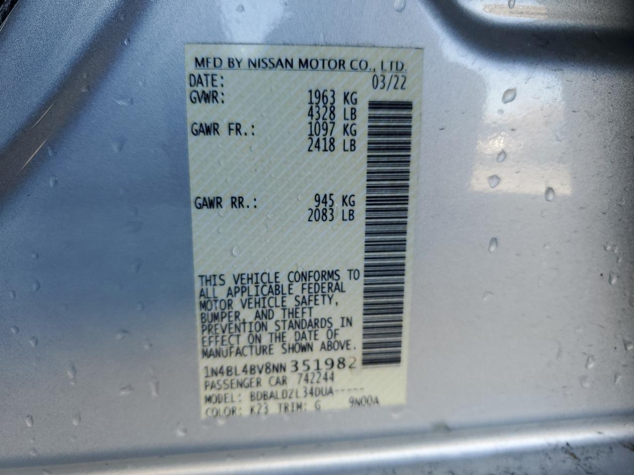 2022 NISSAN ALTIMA S VIN:1N4BL4BV8NN351982