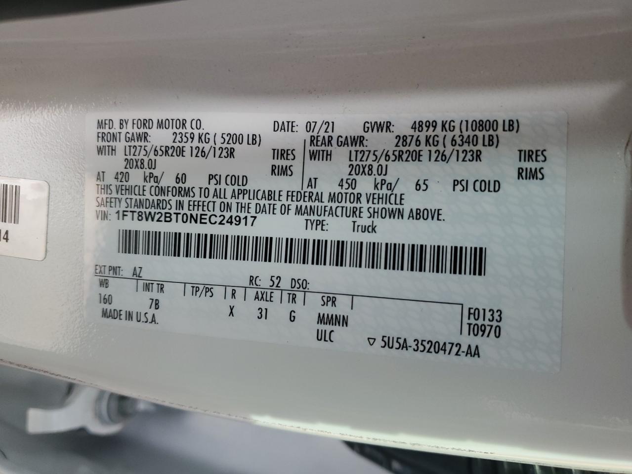 2022 FORD F250 SUPER DUTY VIN:1FT8W2BT0NEC24917