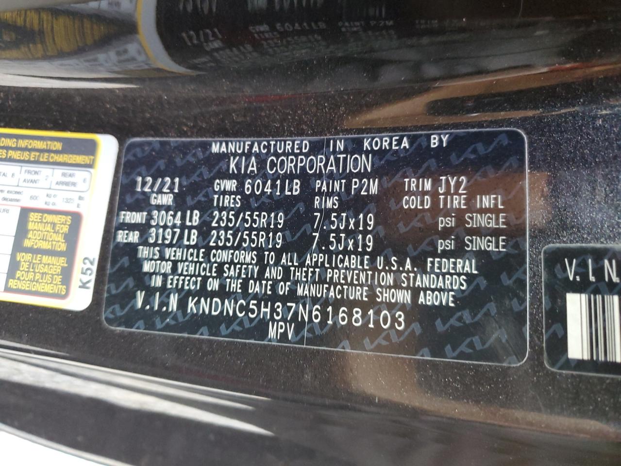 2022 KIA CARNIVAL EX VIN:KNDNC5H37N6168103