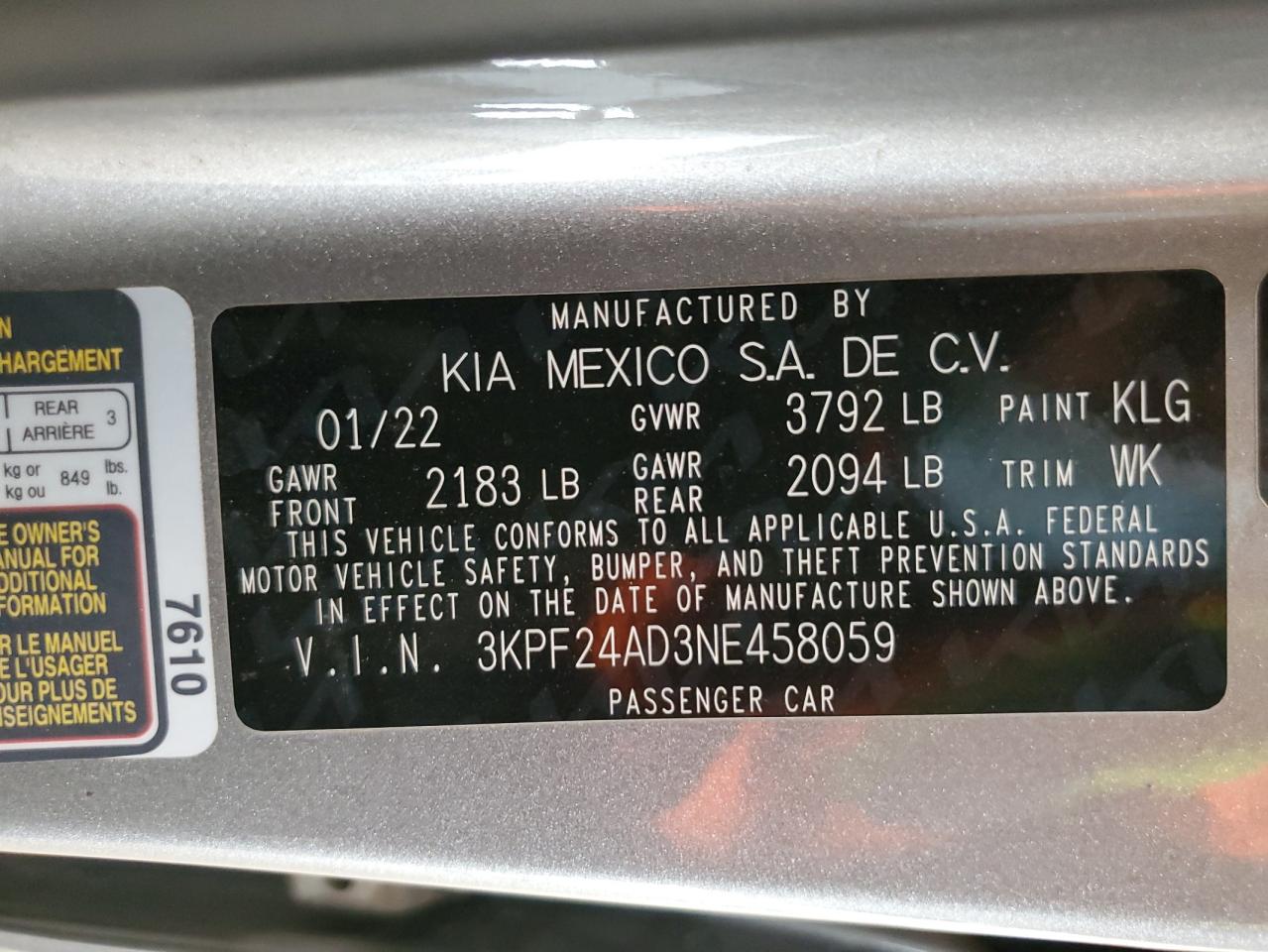 2022 KIA FORTE FE VIN:3KPF24AD3NE458059