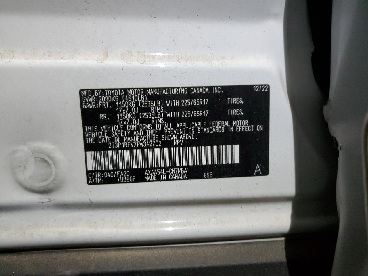 2023 TOYOTA RAV4 XLE VIN:2T3P1RFV7PW342702