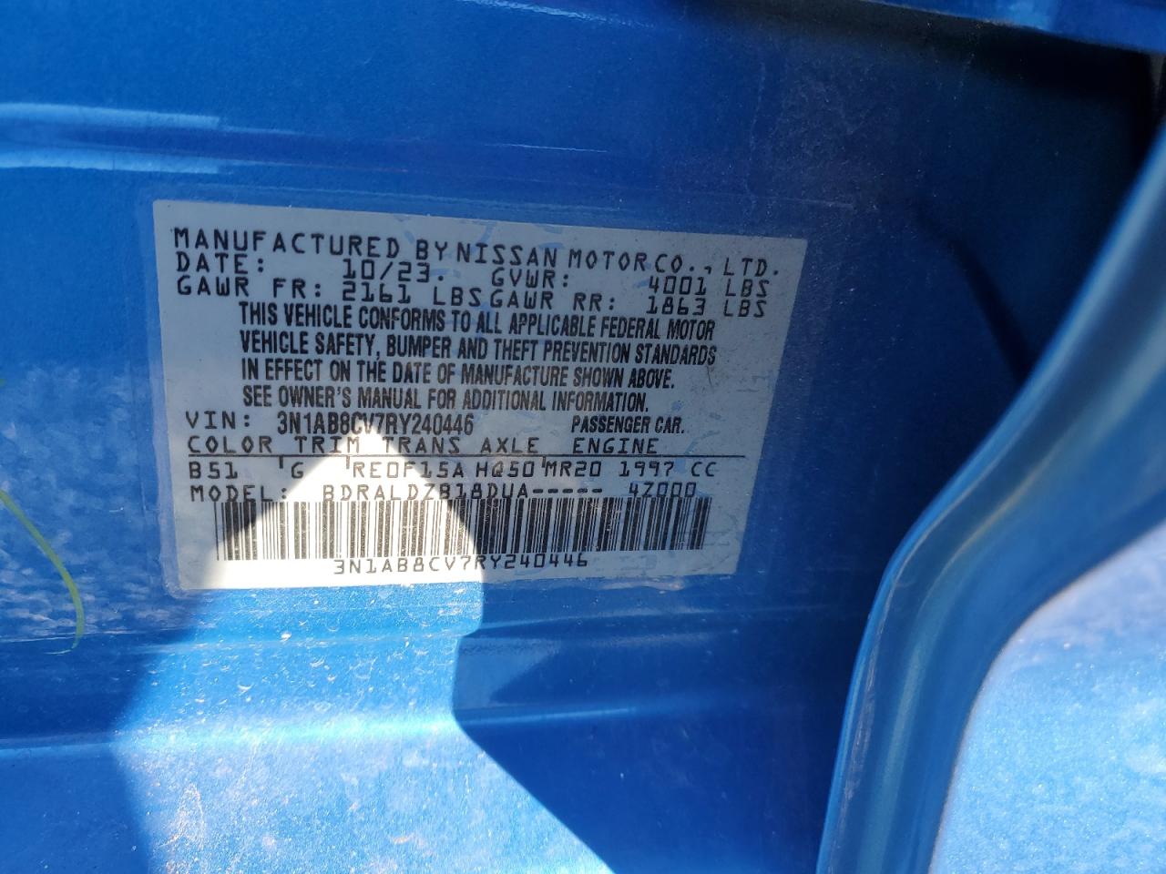 2024 NISSAN SENTRA SV VIN:3N1AB8CV7RY240446