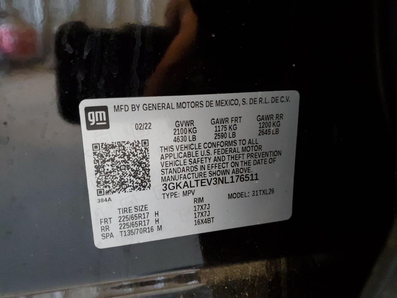 2022 GMC TERRAIN SLE VIN:3GKALTEV3NL176511