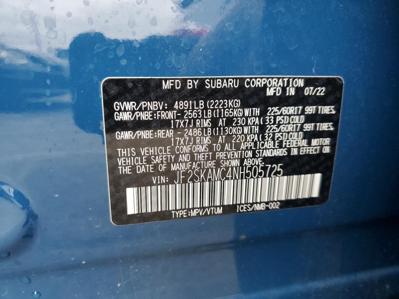 2022 SUBARU FORESTER WILDERNESS VIN:JF2SKAMC4NH505725