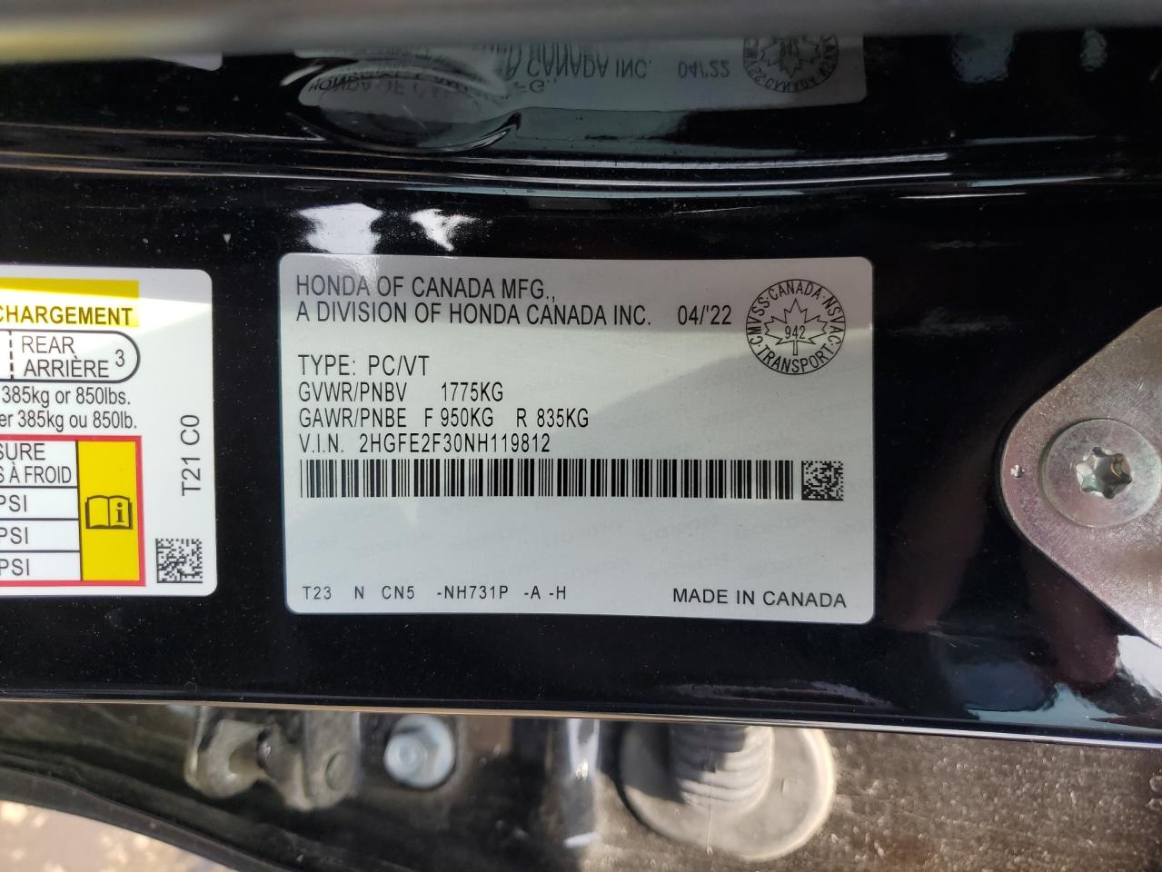 2022 HONDA CIVIC EX VIN:WP0AA2A8XNS255297