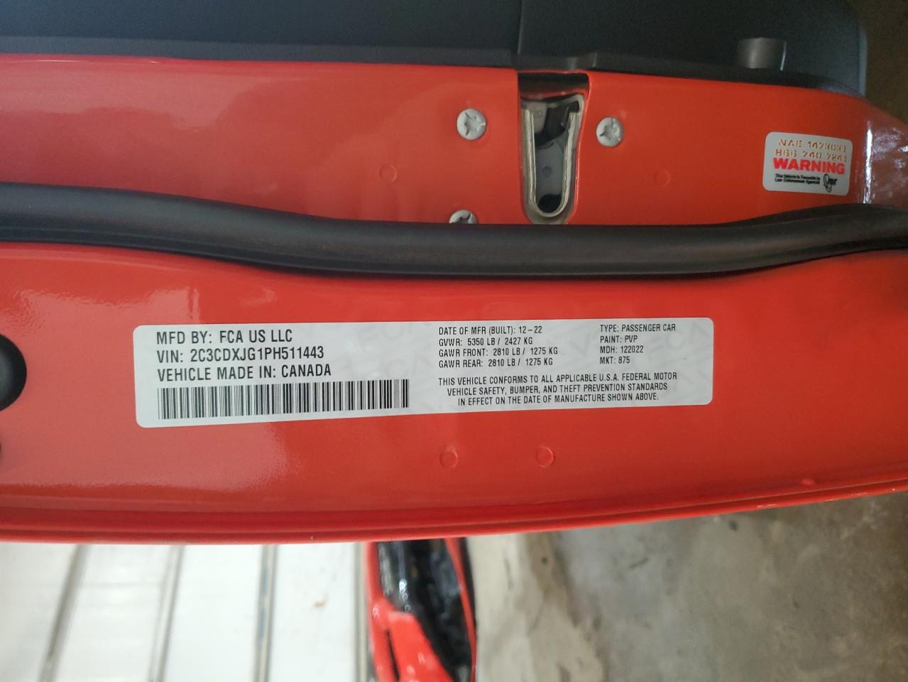 2023 DODGE CHARGER SXT VIN:2C3CDXJG1PH511443