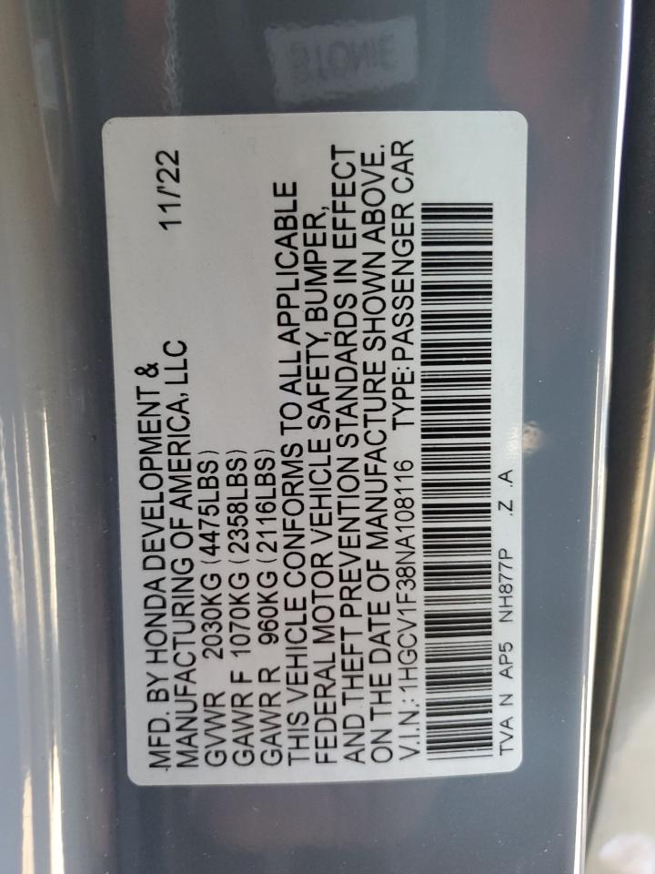 2022 HONDA ACCORD SPORT VIN:1HGCV1F38NA108116