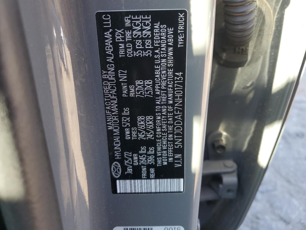 2022 HYUNDAI SANTA CRUZ SEL PREMIUM VIN:5NTJDDAF7NH017134