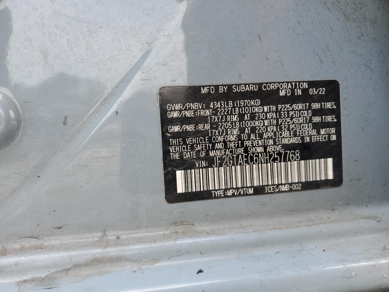 2022 SUBARU CROSSTREK PREMIUM VIN:JF2GTAEC6NH257768