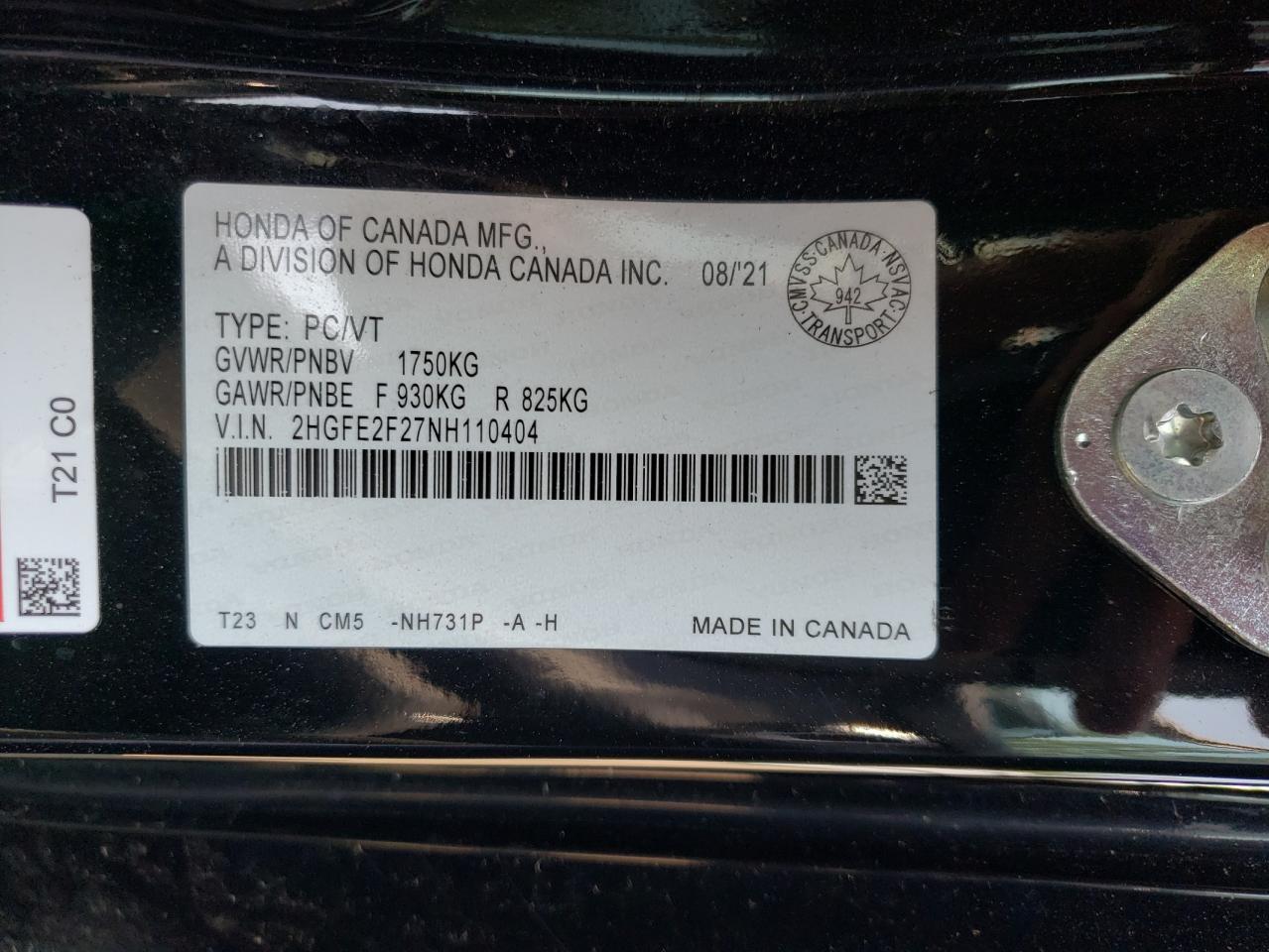 2022 HONDA CIVIC LX VIN:2HGFE2F27NH110404