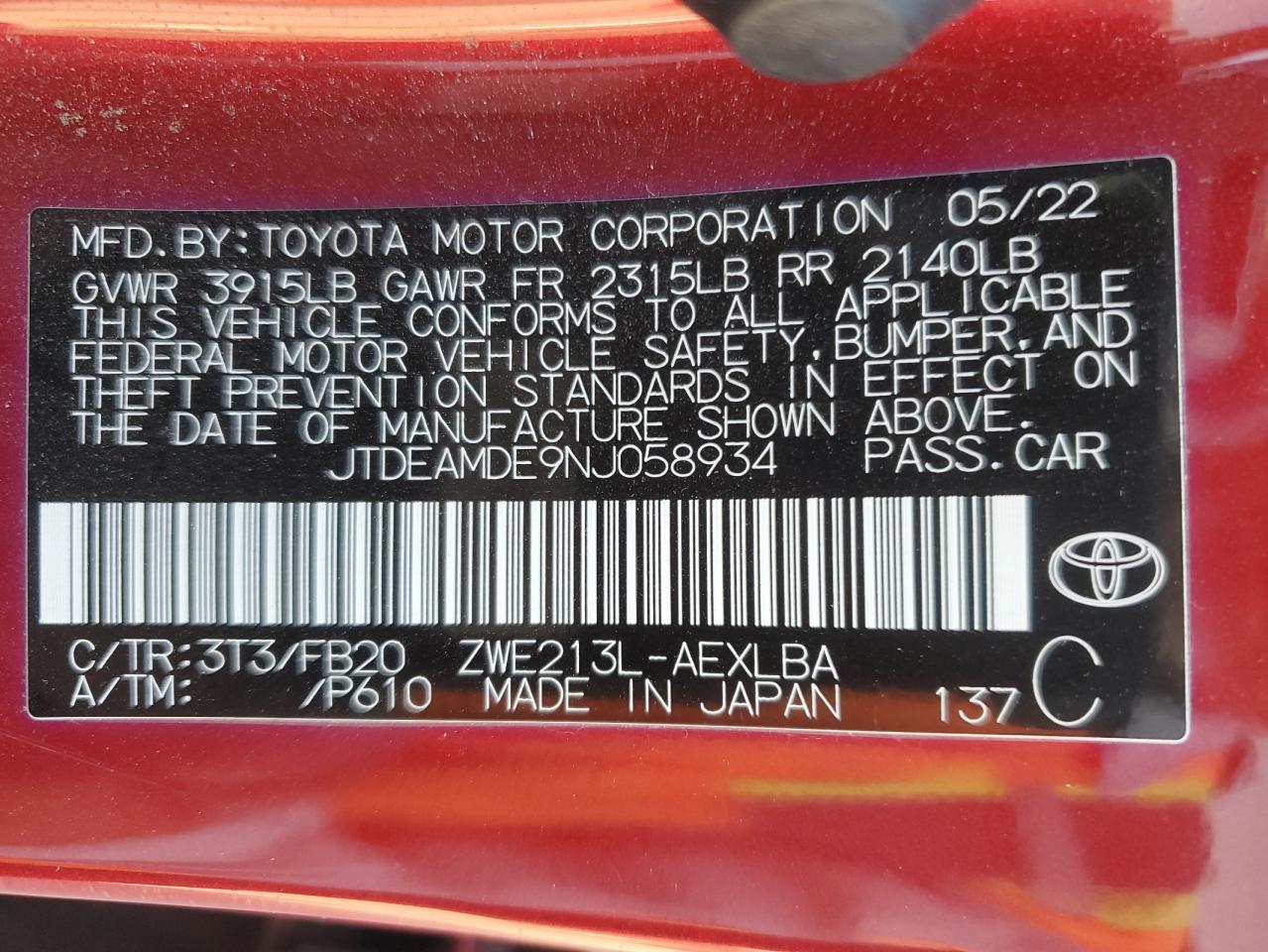 2022 TOYOTA COROLLA LE VIN:JTDEAMDE9NJ058934