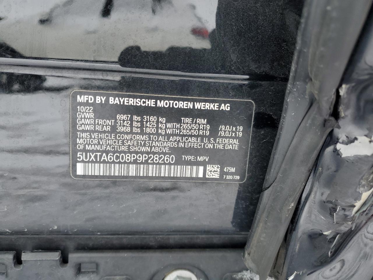 2023 BMW X5 XDRIVE45E VIN:5UXTA6C08P9P28260