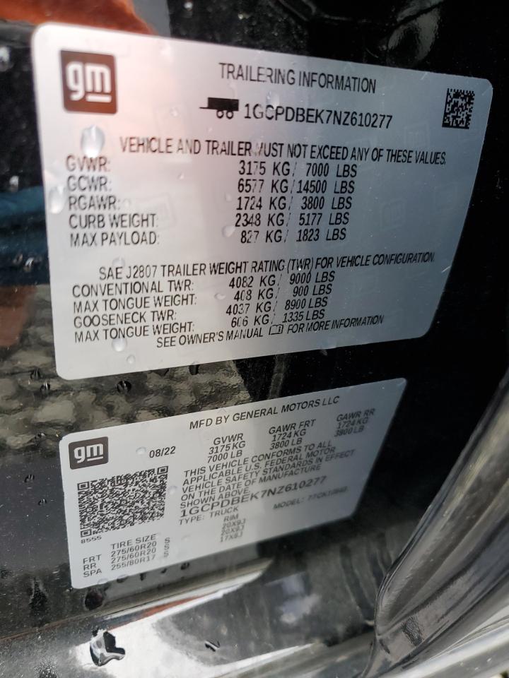 2022 CHEVROLET SILVERADO K1500 CUSTOM VIN:1GCPDBEK7NZ610277