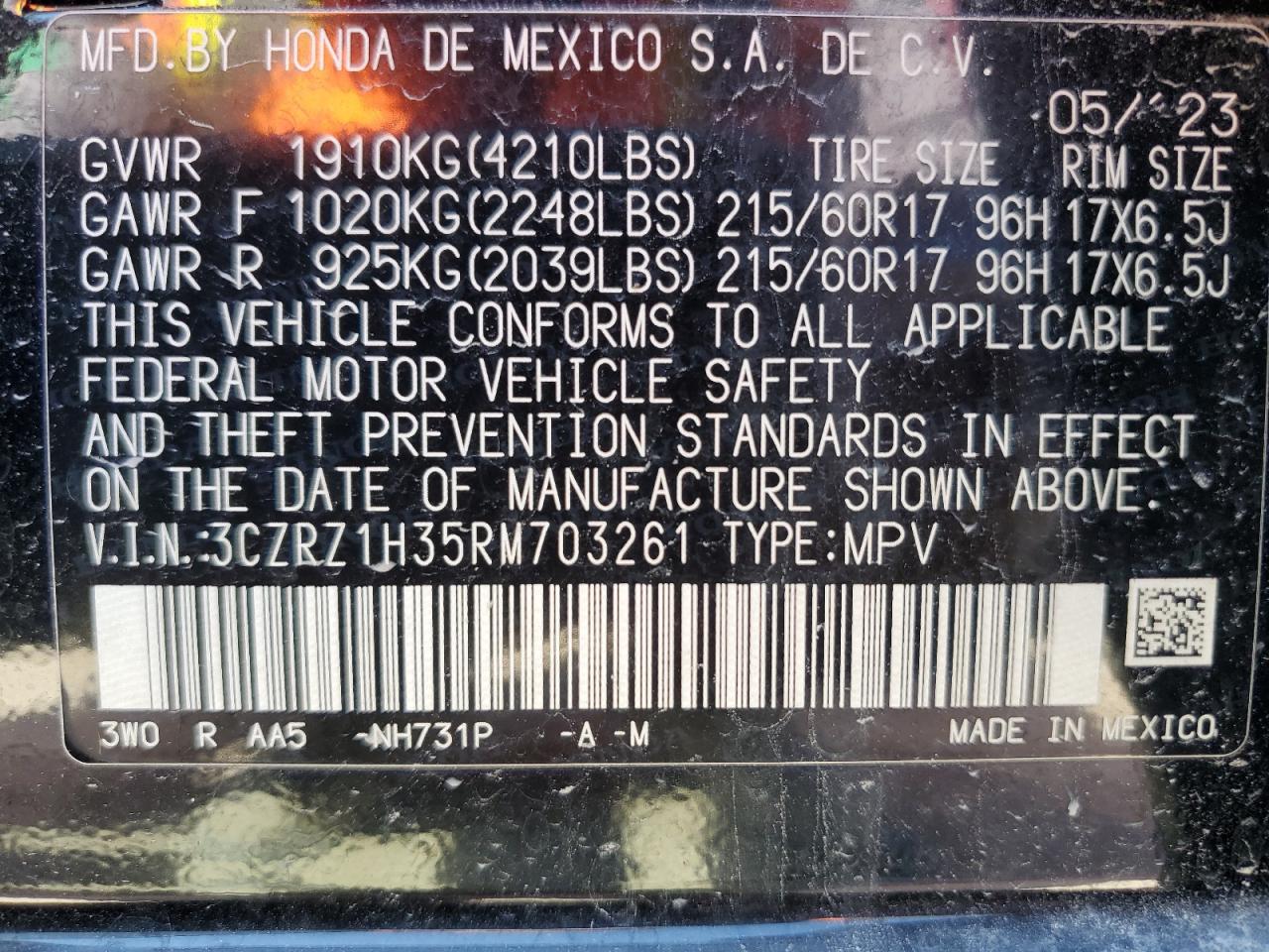 2024 HONDA HR-V LX VIN:3CZRZ1H35RM703261
